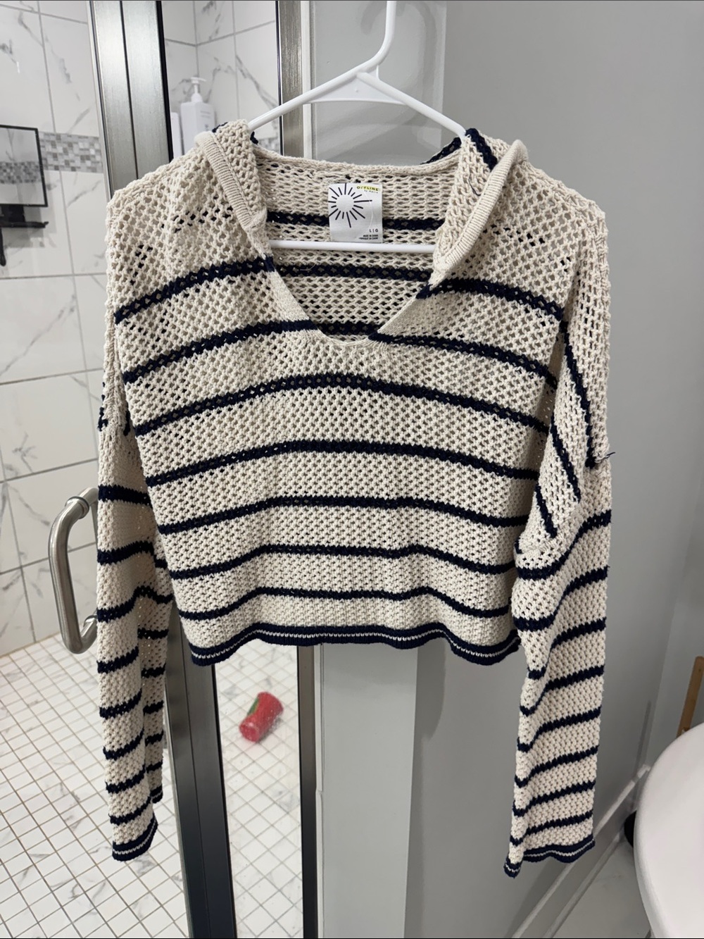 Offline Striped Open-Knit V-Neck Hoodie Sweater - Cream and Navy